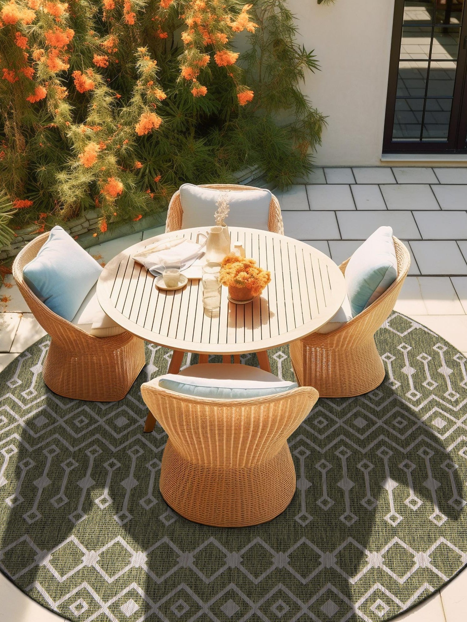 Green 5' 3 x 5' 3 Outdoor Trellis Round Area Rug Weather Resistant for Patio, Deck, Terrace, Balcony, Porch Geometric Design Water Safe Outside Carpet for Sale at Rug Engine