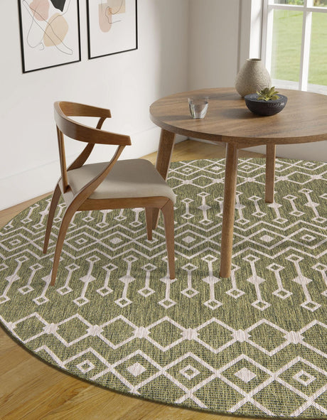 Green 4' 1 x 4' 1 Outdoor Trellis Round Area Rug Weather Resistant for Patio, Deck, Terrace, Balcony, Porch Geometric Design Water Safe Outside Carpet for Sale at Rug Engine