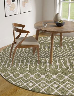 Green 5' 3 x 5' 3 Outdoor Trellis Round Area Rug Weather Resistant for Patio, Deck, Terrace, Balcony, Porch Geometric Design Water Safe Outside Carpet for Sale at Rug Engine