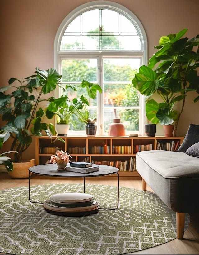 Green 3' 1 x 3' 1 Outdoor Trellis Round Area Rug Weather Resistant for Patio, Deck, Terrace, Balcony, Porch Geometric Design Water Safe Outside Carpet for Sale at Rug Engine