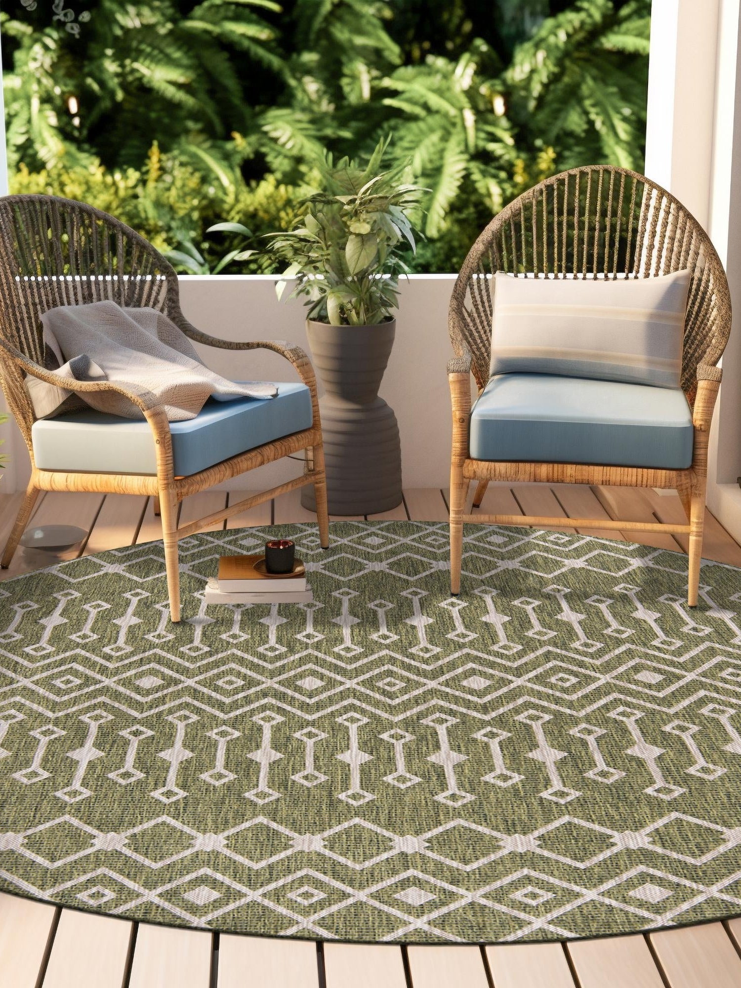 Green 5' 3 x 5' 3 Outdoor Trellis Round Area Rug Weather Resistant for Patio, Deck, Terrace, Balcony, Porch Geometric Design Water Safe Outside Carpet for Sale at Rug Engine