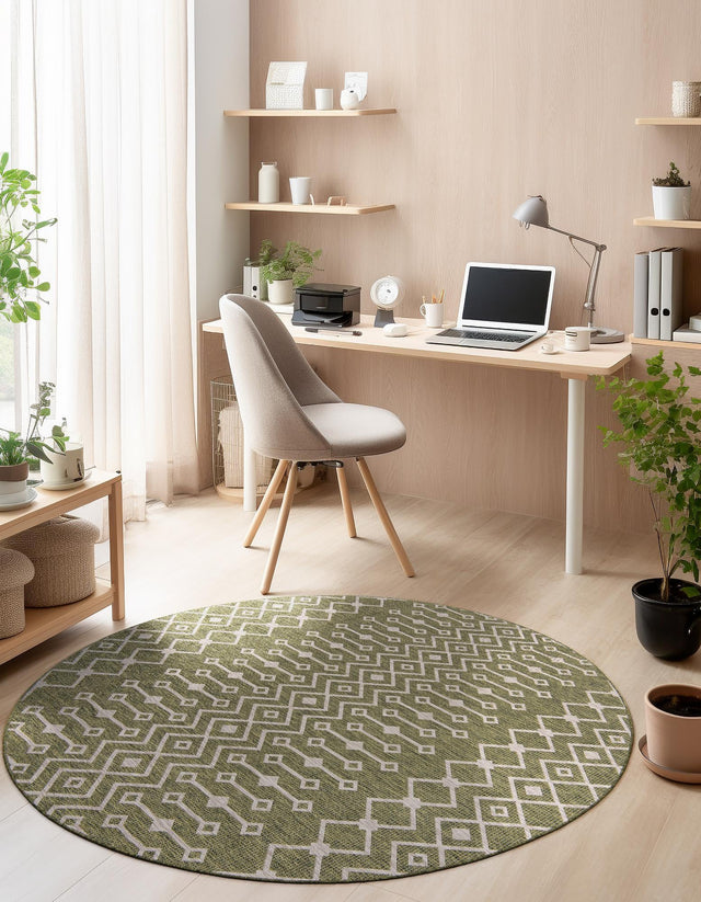 Green 13' 1 x 13' 1 Outdoor Trellis Round Area Rug Weather Resistant for Patio, Deck, Terrace, Balcony, Porch Geometric Design Water Safe Outside Carpet for Sale at Rug Engine