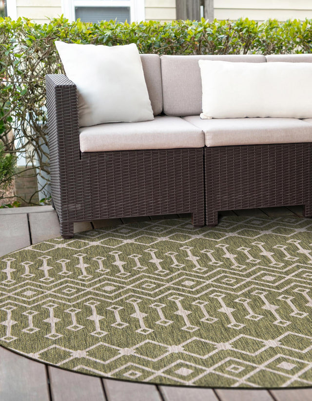 Green 10' 8 x 10' 8 Outdoor Trellis Round Area Rug Weather Resistant for Patio, Deck, Terrace, Balcony, Porch Geometric Design Water Safe Outside Carpet for Sale at Rug Engine
