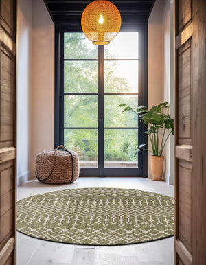 Green 13' 1 x 13' 1 Outdoor Trellis Round Area Rug Weather Resistant for Patio, Deck, Terrace, Balcony, Porch Geometric Design Water Safe Outside Carpet for Sale at Rug Engine