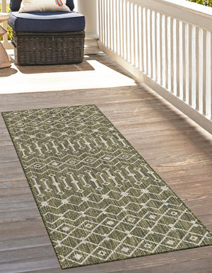 Green 2' x 8' Outdoor Trellis Runner Area Rug Weather Resistant for Patio, Deck, Terrace, Balcony, Porch Geometric Design Water Safe Outside Carpet for Sale at Rug Engine