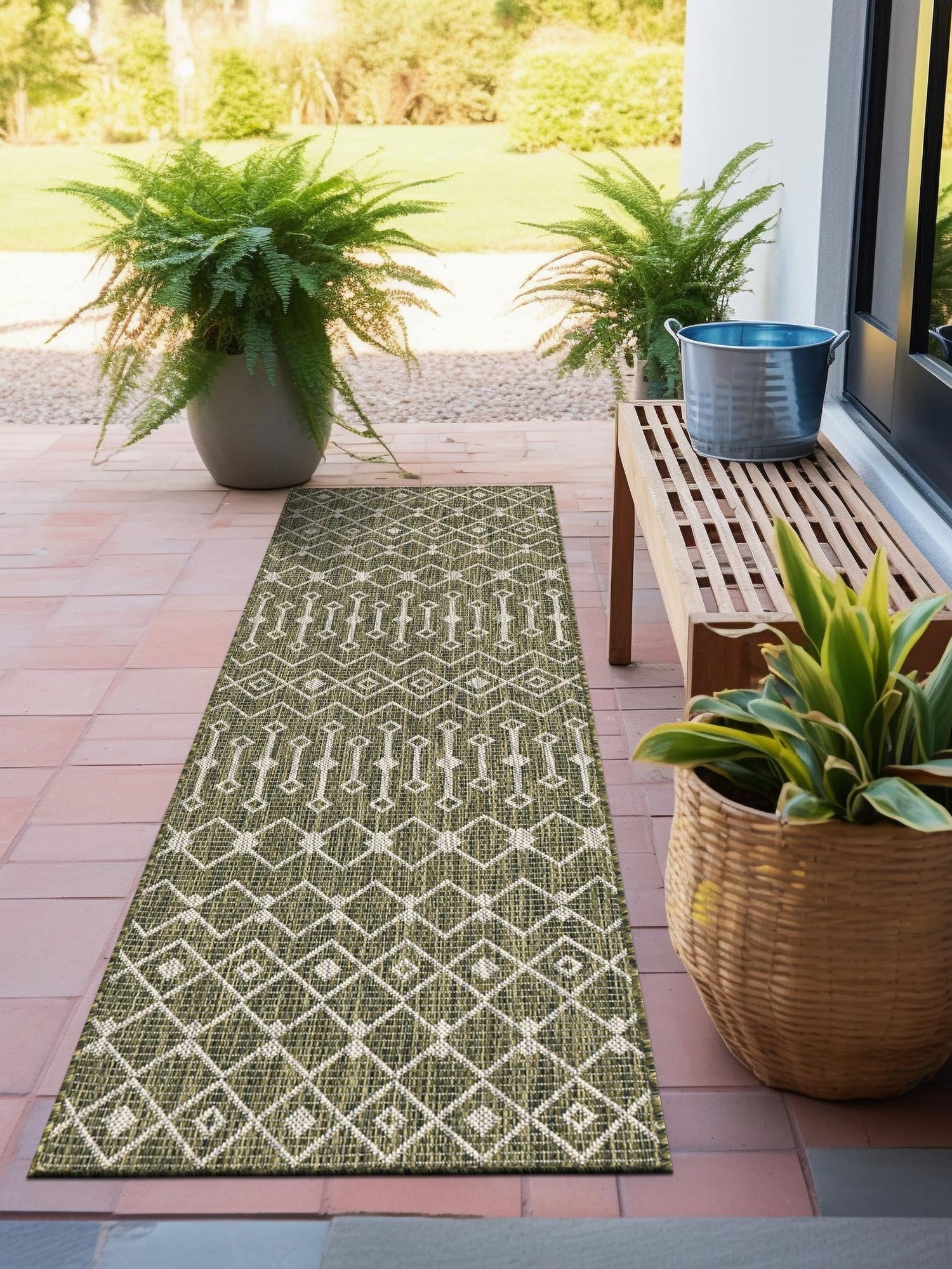 Green 2' x 6' 1 Outdoor Trellis Runner Area Rug Weather Resistant for Patio, Deck, Terrace, Balcony, Porch Geometric Design Water Safe Outside Carpet for Sale at Rug Engine