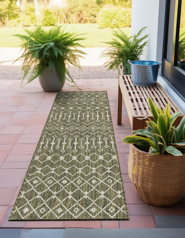Green 2' x 6' 1 Outdoor Trellis Runner Area Rug Weather Resistant for Patio, Deck, Terrace, Balcony, Porch Geometric Design Water Safe Outside Carpet for Sale at Rug Engine