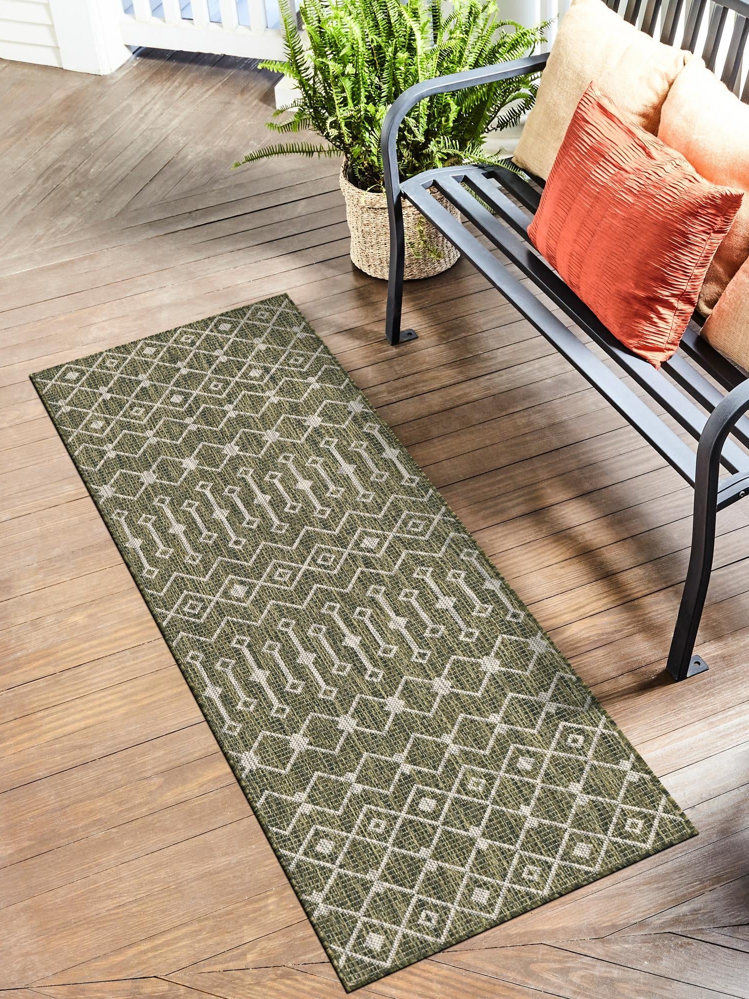 Green 2' x 8' Outdoor Trellis Runner Area Rug Weather Resistant for Patio, Deck, Terrace, Balcony, Porch Geometric Design Water Safe Outside Carpet for Sale at Rug Engine