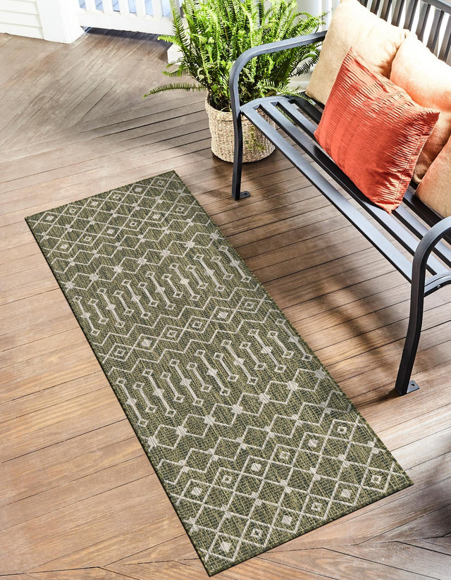 Green 2' x 6' 1 Outdoor Trellis Runner Area Rug Weather Resistant for Patio, Deck, Terrace, Balcony, Porch Geometric Design Water Safe Outside Carpet for Sale at Rug Engine