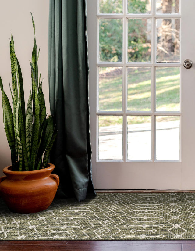Green 2' x 8' Outdoor Trellis Runner Area Rug Weather Resistant for Patio, Deck, Terrace, Balcony, Porch Geometric Design Water Safe Outside Carpet for Sale at Rug Engine