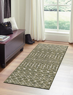 Green 2' 7 x 10' Outdoor Trellis Runner Area Rug Weather Resistant for Patio, Deck, Terrace, Balcony, Porch Geometric Design Water Safe Outside Carpet for Sale at Rug Engine