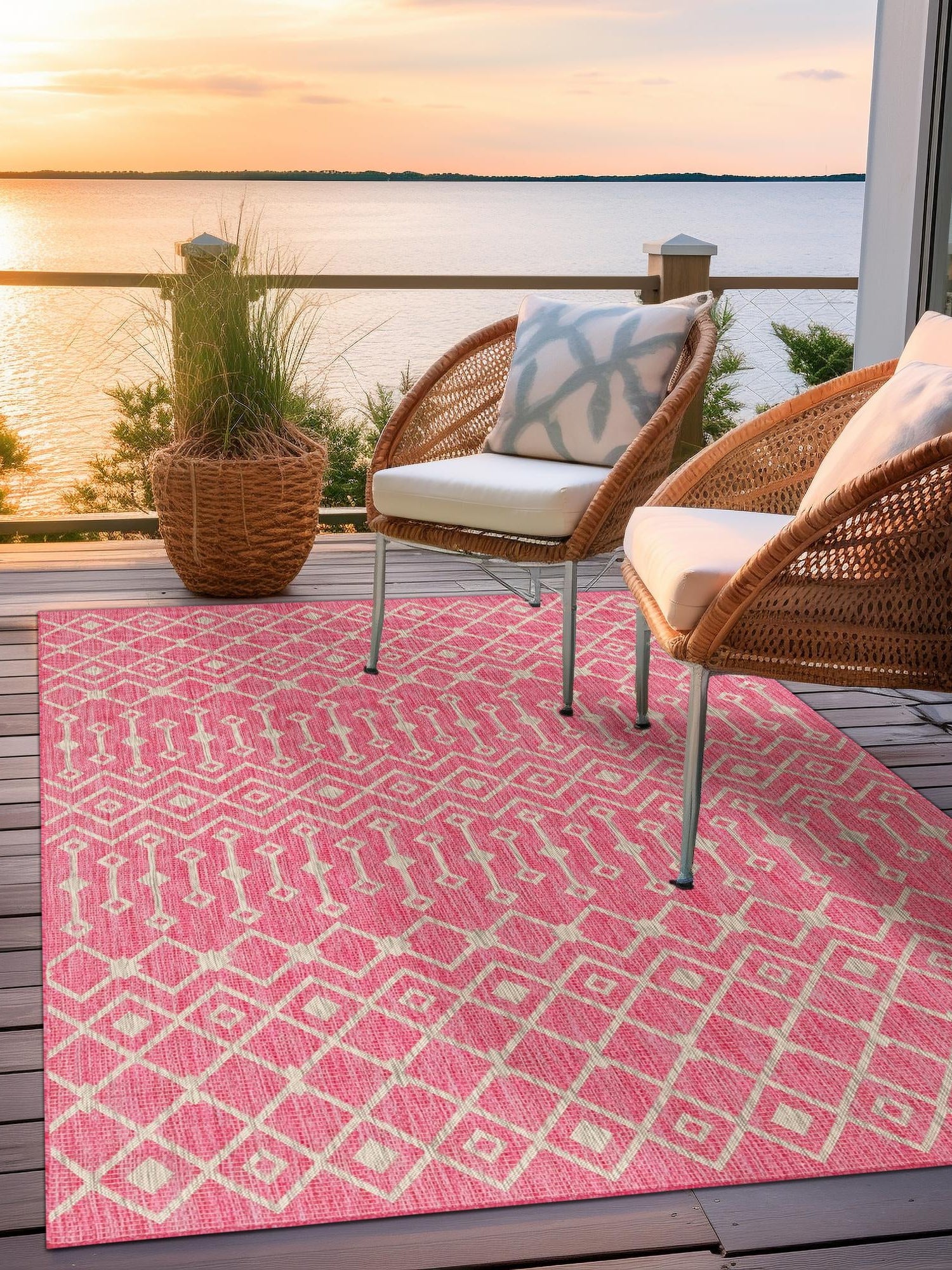 Fuschia 7' 1 x 10' Outdoor Trellis Rectangle Area Rug Weather Resistant for Patio, Deck, Terrace, Balcony, Porch Geometric Design Water Safe Outside Carpet for Sale at Rug Engine