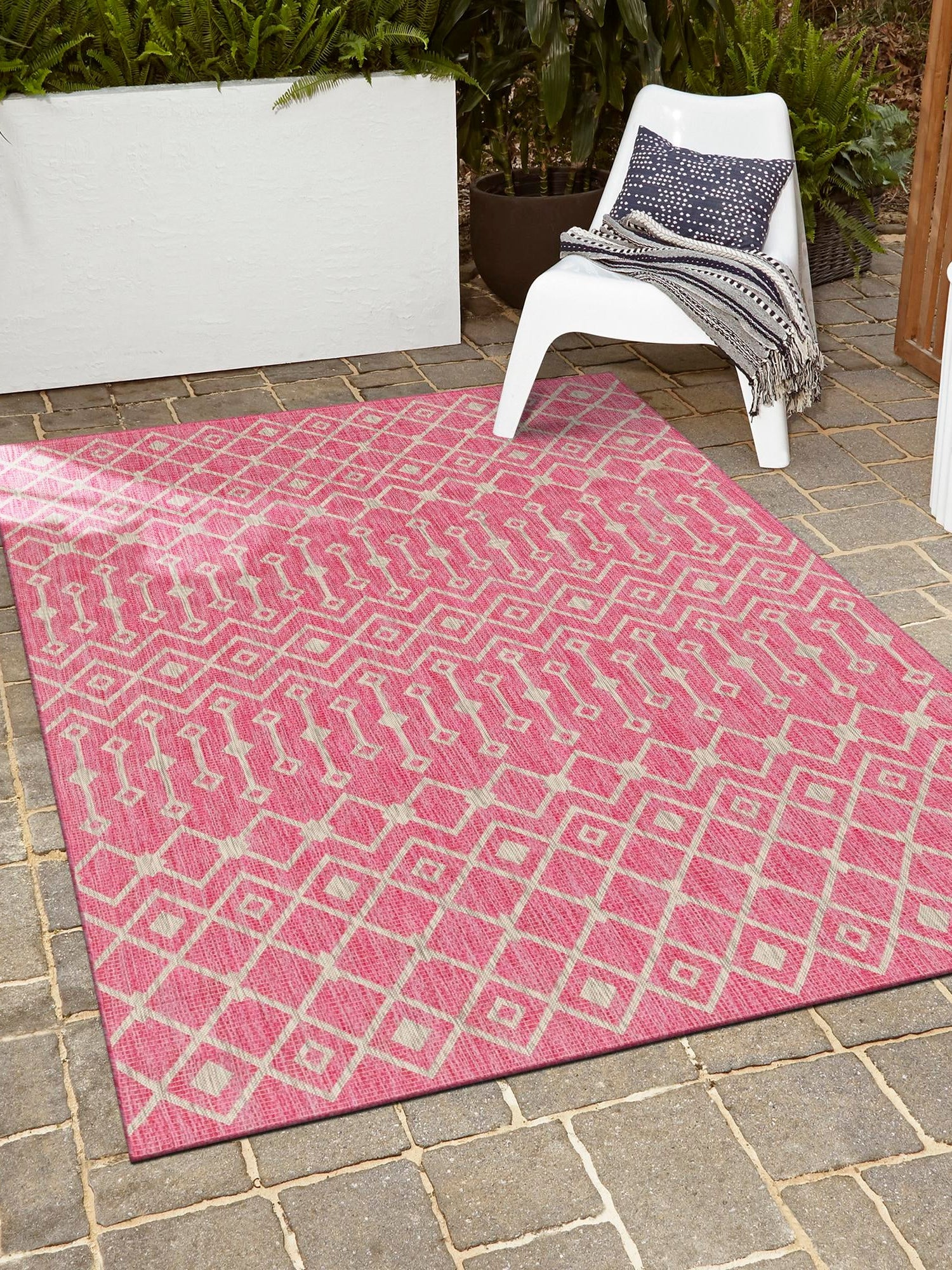 Fuschia 6' 1 x 9' Outdoor Trellis Rectangle Area Rug Weather Resistant for Patio, Deck, Terrace, Balcony, Porch Geometric Design Water Safe Outside Carpet for Sale at Rug Engine