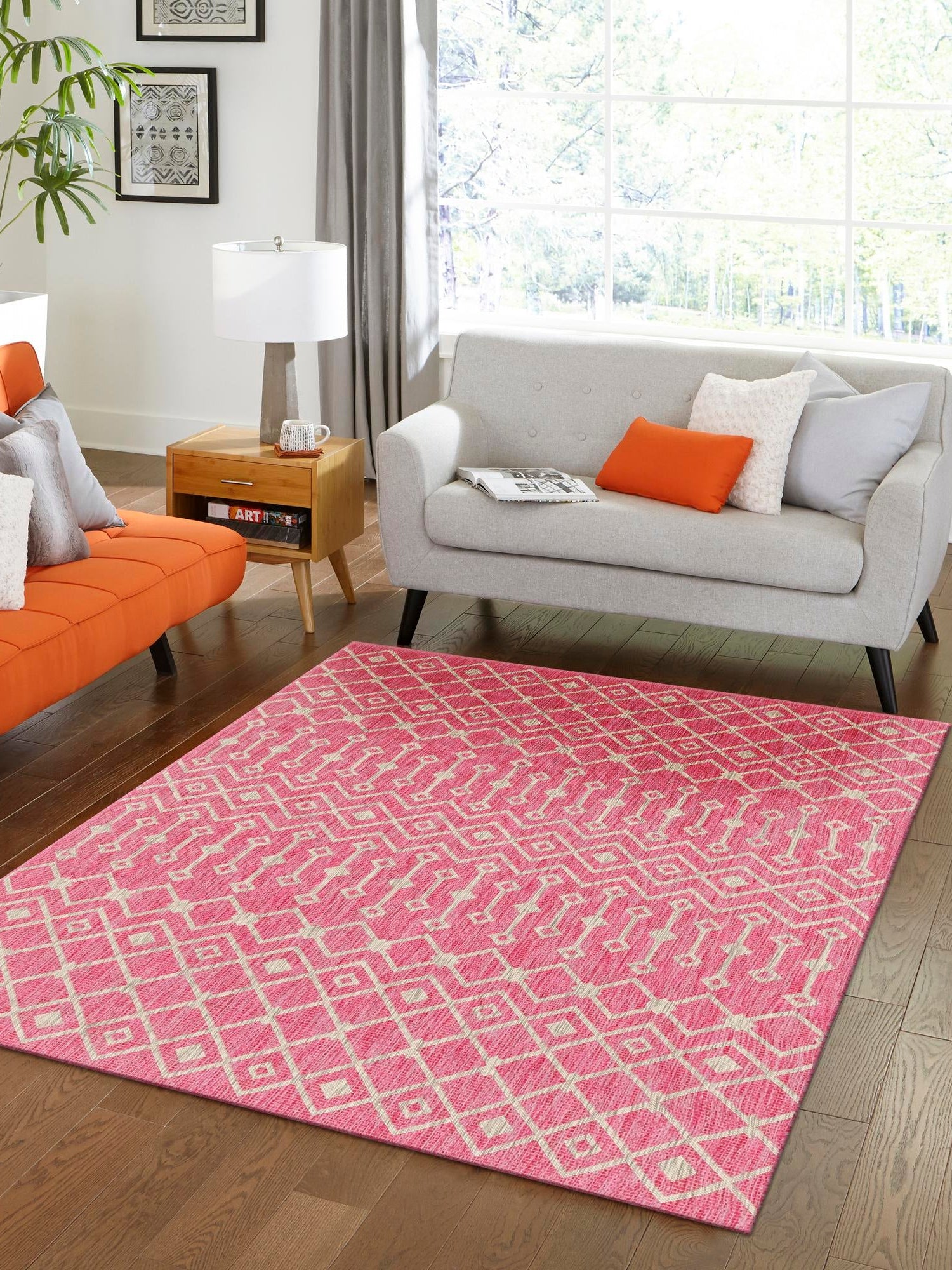 Fuschia 4' 1 x 6' 1 Outdoor Trellis Rectangle Area Rug Weather Resistant for Patio, Deck, Terrace, Balcony, Porch Geometric Design Water Safe Outside Carpet for Sale at Rug Engine