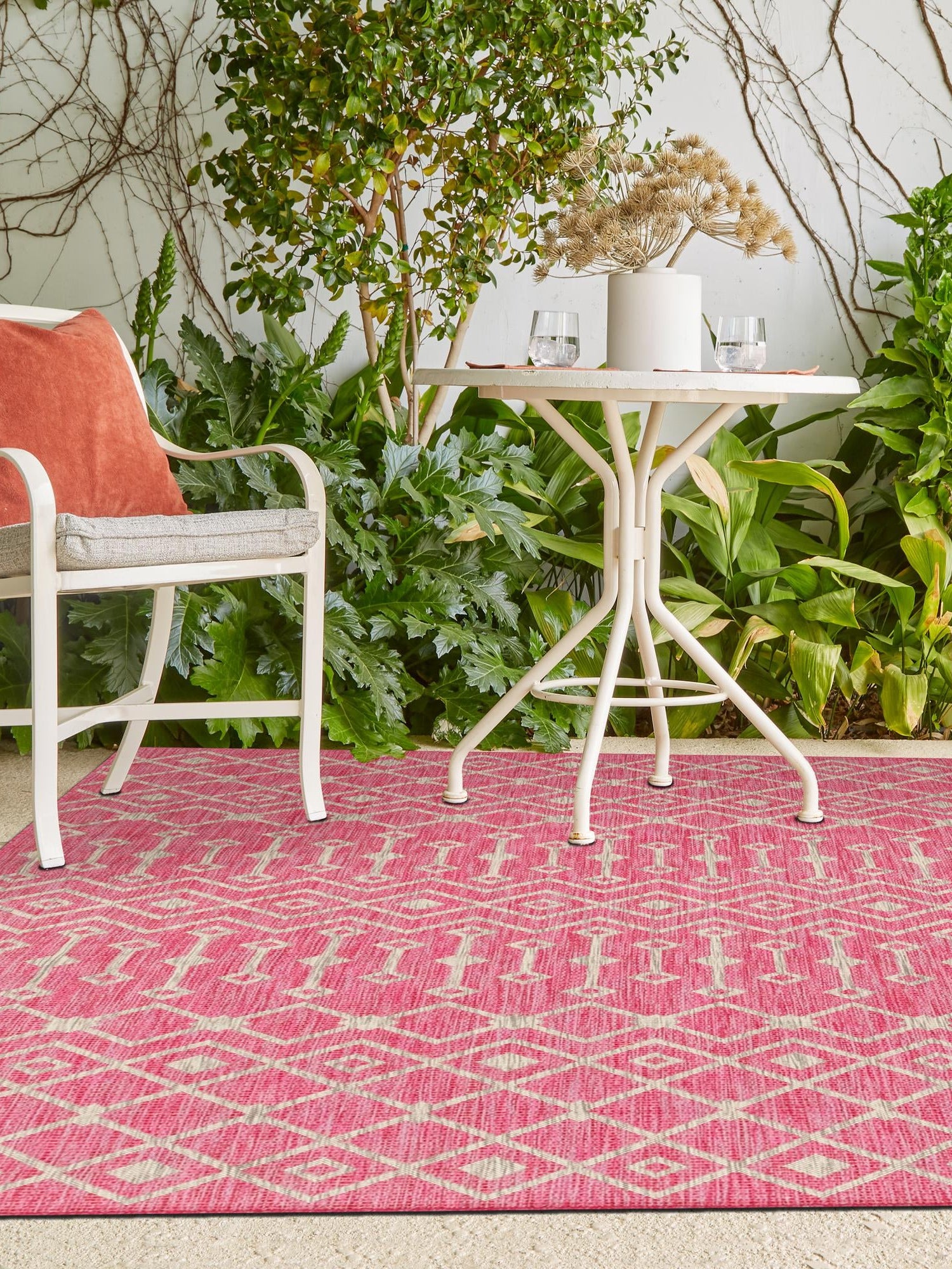 Fuschia 9' x 12' Outdoor Trellis Rectangle Area Rug Weather Resistant for Patio, Deck, Terrace, Balcony, Porch Geometric Design Water Safe Outside Carpet for Sale at Rug Engine