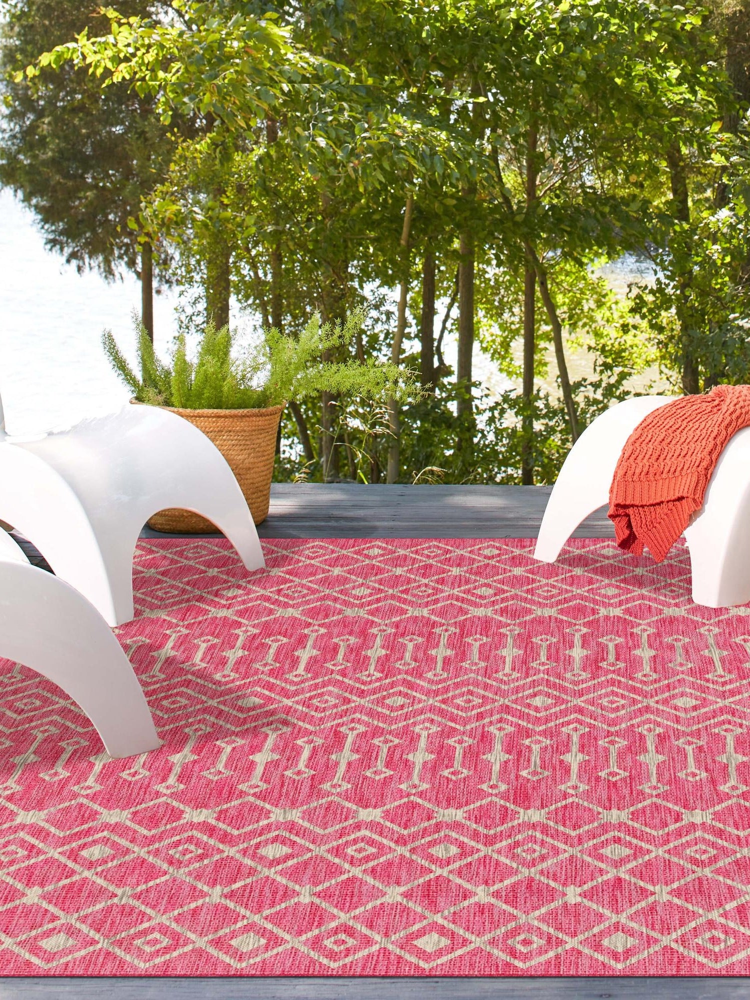 Fuschia 7' 10 x 11' Outdoor Trellis Rectangle Area Rug Weather Resistant for Patio, Deck, Terrace, Balcony, Porch Geometric Design Water Safe Outside Carpet for Sale at Rug Engine