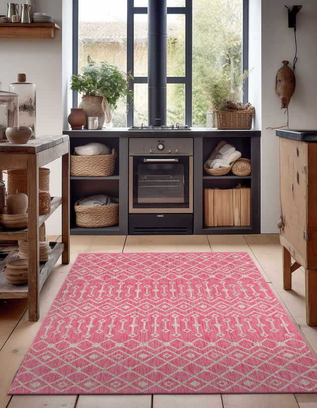 Fuschia 6' 1 x 9' Outdoor Trellis Rectangle Area Rug Weather Resistant for Patio, Deck, Terrace, Balcony, Porch
