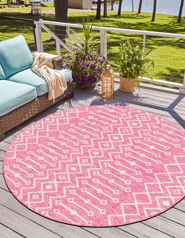 Fuschia 4' 1 x 4' 1 Outdoor Trellis Round Area Rug Weather Resistant for Patio, Deck, Terrace, Balcony, Porch Geometric Design Water Safe Outside Carpet for Sale at Rug Engine