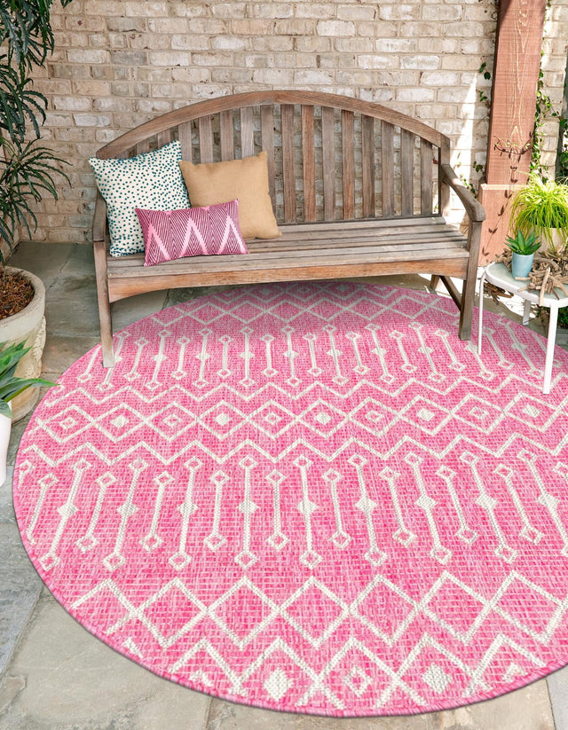Fuschia 4' 1 x 4' 1 Outdoor Trellis Round Area Rug Weather Resistant for Patio, Deck, Terrace, Balcony, Porch Geometric Design Water Safe Outside Carpet for Sale at Rug Engine