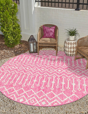 Fuschia 4' 1 x 4' 1 Outdoor Trellis Round Area Rug Weather Resistant for Patio, Deck, Terrace, Balcony, Porch Geometric Design Water Safe Outside Carpet for Sale at Rug Engine