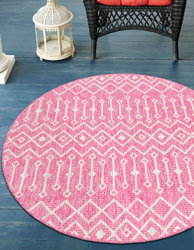 Fuschia 4' 1 x 4' 1 Outdoor Trellis Round Area Rug Weather Resistant for Patio, Deck, Terrace, Balcony, Porch Geometric Design Water Safe Outside Carpet for Sale at Rug Engine