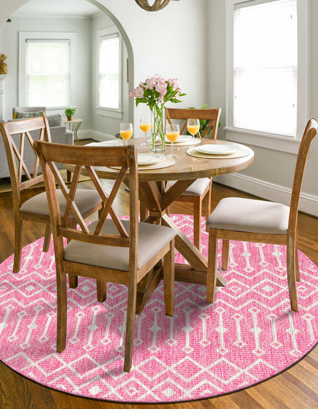 Fuschia 4' 1 x 4' 1 Outdoor Trellis Round Area Rug Weather Resistant for Patio, Deck, Terrace, Balcony, Porch Geometric Design Water Safe Outside Carpet for Sale at Rug Engine