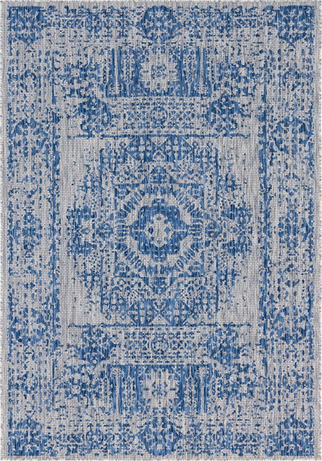 Blue 7' 1 x 10' Outdoor Traditional Rectangle Area Rug Weather Resistant for Patio, Deck, Terrace, Balcony, Porch