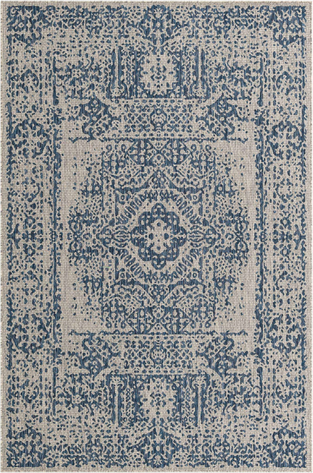 Blue 6' 1 x 9' Outdoor Traditional Rectangle Area Rug Weather Resistant for Patio, Deck, Terrace, Balcony, Porch Classical Design Outside Carpet for Sale at Rug Engine