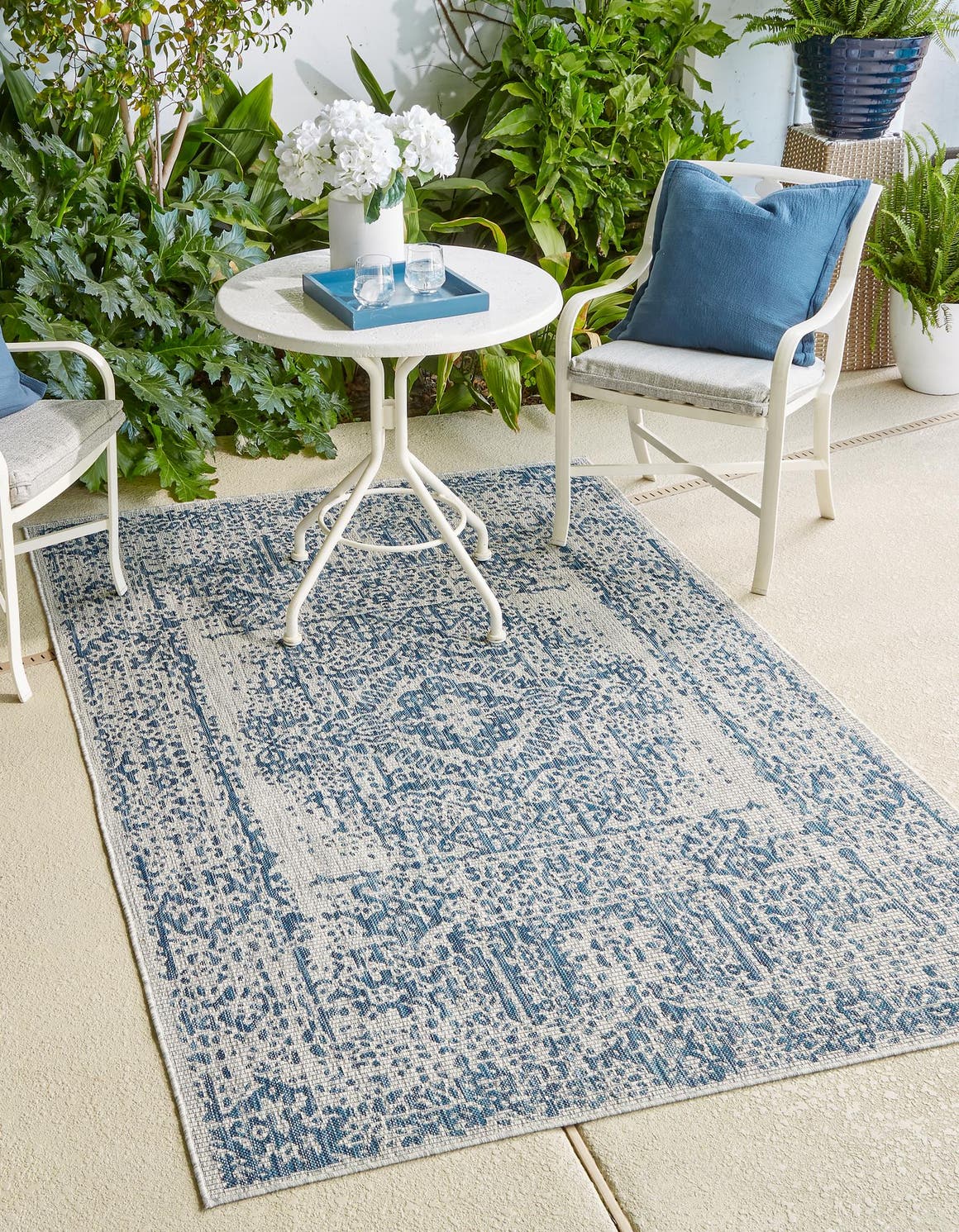 Blue 4' 1 x 6' 1 Outdoor Traditional Rectangle Area Rug Weather Resistant for Patio, Deck, Terrace, Balcony, Porch Classical Design Outside Carpet for Sale at Rug Engine