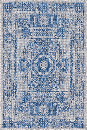 Blue 4' 1 x 6' 1 Outdoor Traditional Rectangle Area Rug Weather Resistant for Patio, Deck, Terrace, Balcony, Porch Classical Design Outside Carpet for Sale at Rug Engine