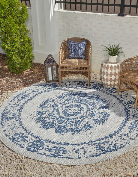 Blue 10' 8 x 10' 8 Outdoor Traditional Round Area Rug Weather Resistant for Patio, Deck, Terrace, Balcony, Porch