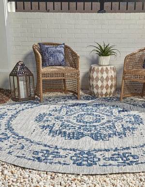 Blue 7' 10 x 7' 10 Outdoor Traditional Round Area Rug Weather Resistant for Patio, Deck, Terrace, Balcony, Porch Classical Design Outside Carpet for Sale at Rug Engine