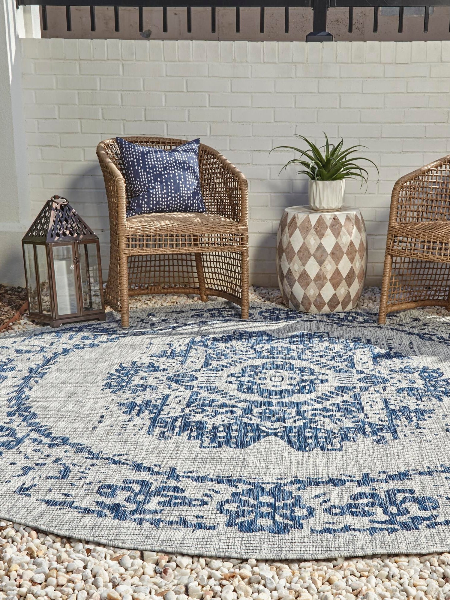 Blue 5' 3 x 5' 3 Outdoor Traditional Round Area Rug Weather Resistant for Patio, Deck, Terrace, Balcony, Porch Classical Design Outside Carpet for Sale at Rug Engine