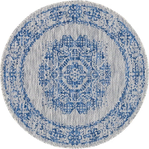 Blue 4' 1 x 4' 1 Outdoor Traditional Round Area Rug Weather Resistant for Patio, Deck, Terrace, Balcony, Porch Classical Design Outside Carpet for Sale at Rug Engine