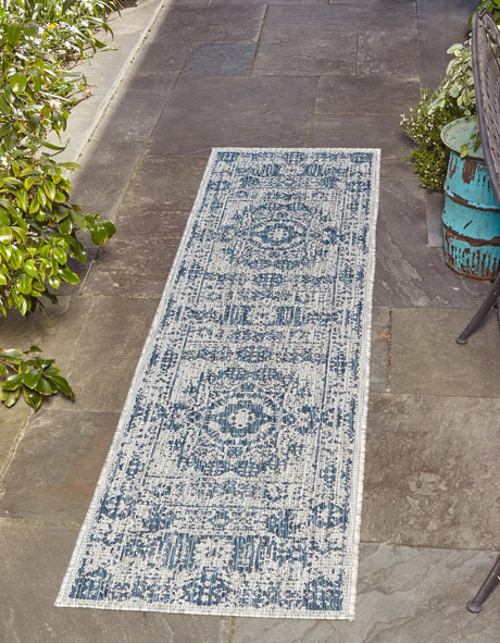 Blue 2' x 6' 1 Outdoor Traditional Runner Area Rug Weather Resistant for Patio, Deck, Terrace, Balcony, Porch