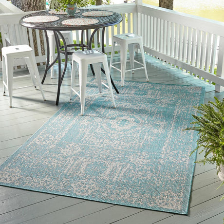 Light Aqua 7' 1 x 10' Outdoor Traditional Rectangle Rug