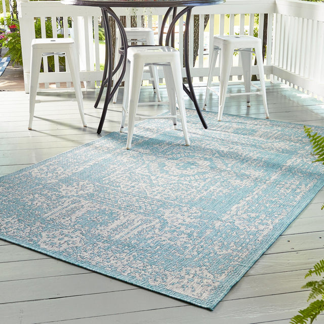 Light Aqua 5' 3 x 8' Outdoor Traditional Rectangle Area Rug Weather Resistant for Patio, Deck, Terrace, Balcony, Porch Classical Design Outside Carpet for Sale at Rug Engine