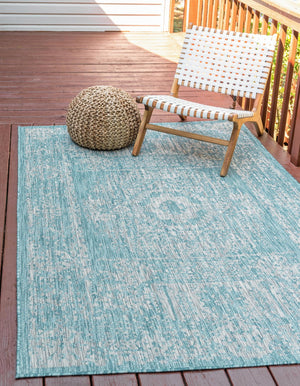 Light Aqua 5' 3 x 8' Outdoor Traditional Rectangle Area Rug Weather Resistant for Patio, Deck, Terrace, Balcony, Porch Classical Design Outside Carpet for Sale at Rug Engine