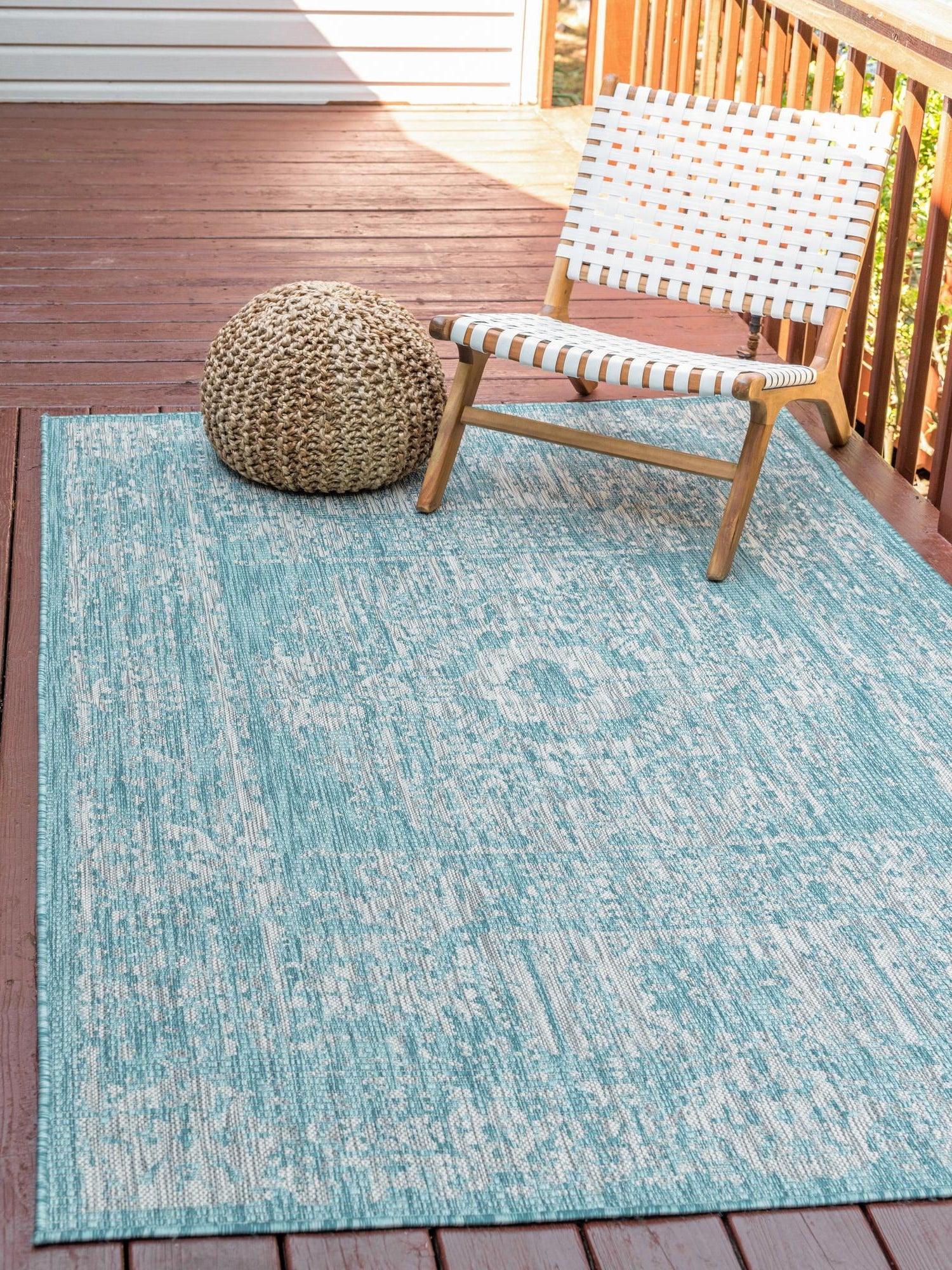 Light Aqua 7' 1 x 10' Outdoor Traditional Rectangle Area Rug Weather Resistant for Patio, Deck, Terrace, Balcony, Porch Classical Design Outside Carpet for Sale at Rug Engine