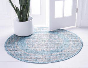 Light Aqua 4' 1 x 4' 1 Outdoor Traditional Round Area Rug Weather Resistant for Patio, Deck, Terrace, Balcony, Porch Classical Design Outside Carpet for Sale at Rug Engine