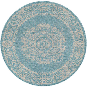 Light Aqua 4' 1 x 4' 1 Outdoor Traditional Round Area Rug Weather Resistant for Patio, Deck, Terrace, Balcony, Porch Classical Design Outside Carpet for Sale at Rug Engine