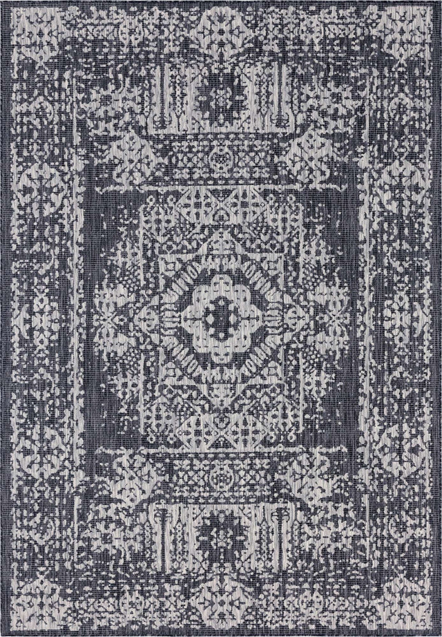 Charcoal Gray 7' 10 x 11' Outdoor Traditional Rectangle Area Rug Weather Resistant for Patio, Deck, Terrace, Balcony, Porch Classical Design Outside Carpet for Sale at Rug Engine