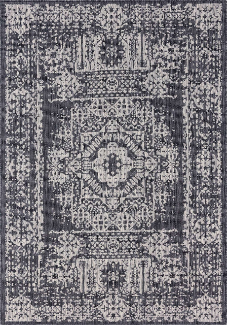 Charcoal Gray 7' 1 x 10' Outdoor Traditional Rectangle Area Rug Weather Resistant for Patio, Deck, Terrace, Balcony, Porch