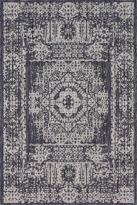 Charcoal Gray 6' 1 x 9' Outdoor Traditional Rectangle Area Rug Weather Resistant for Patio, Deck, Terrace, Balcony, Porch