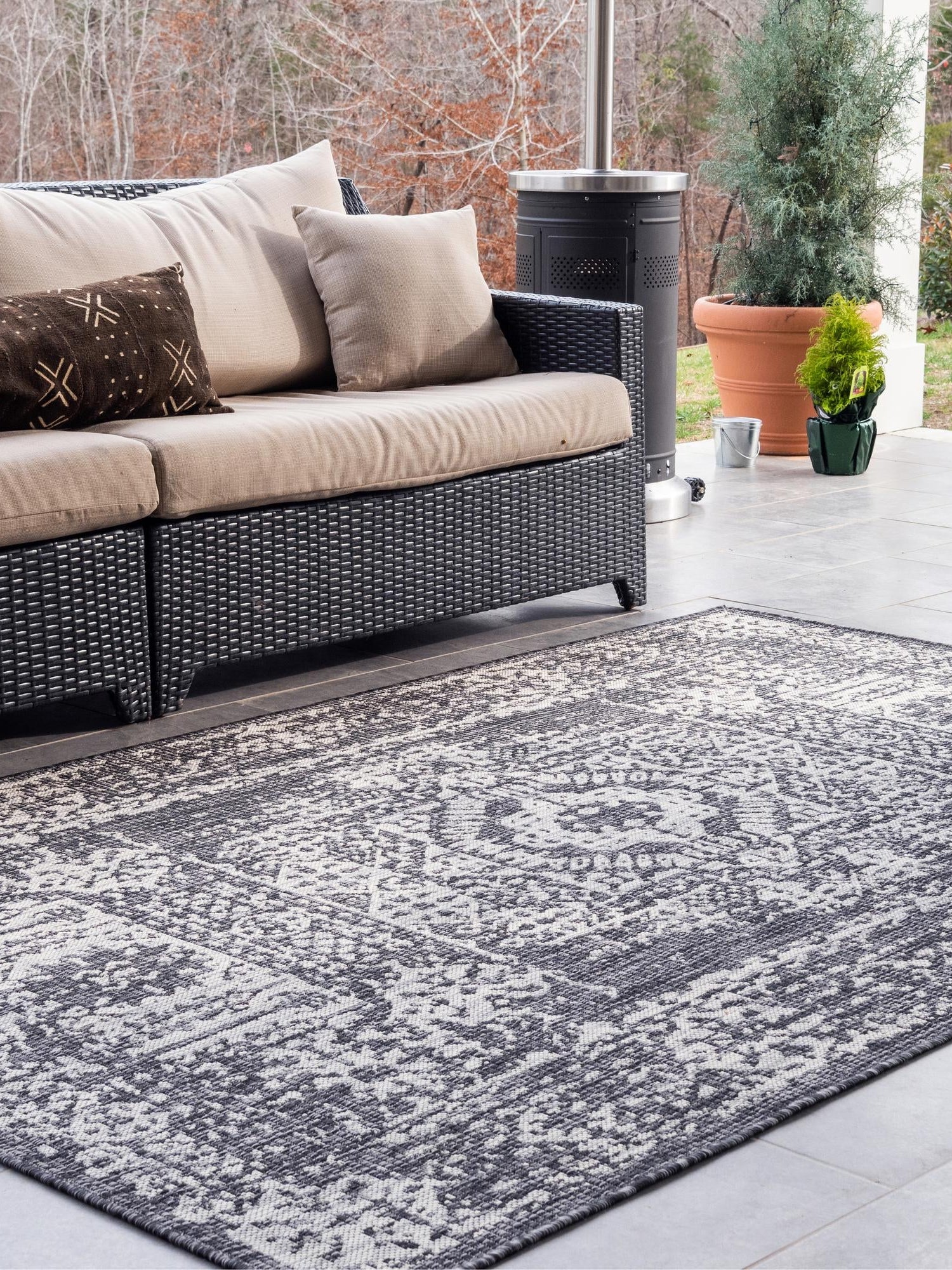 Charcoal Gray 7' 10 x 11' Outdoor Traditional Rectangle Area Rug Weather Resistant for Patio, Deck, Terrace, Balcony, Porch Classical Design Outside Carpet for Sale at Rug Engine