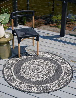 Charcoal Gray 10' x 10' Outdoor Traditional Round Area Rug Weather Resistant for Patio, Deck, Terrace, Balcony, Porch Classical Design Outside Carpet for Sale at Rug Engine