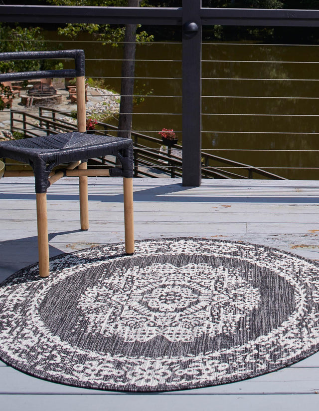 Charcoal Gray 10' x 10' Outdoor Traditional Round Area Rug Weather Resistant for Patio, Deck, Terrace, Balcony, Porch Classical Design Outside Carpet for Sale at Rug Engine