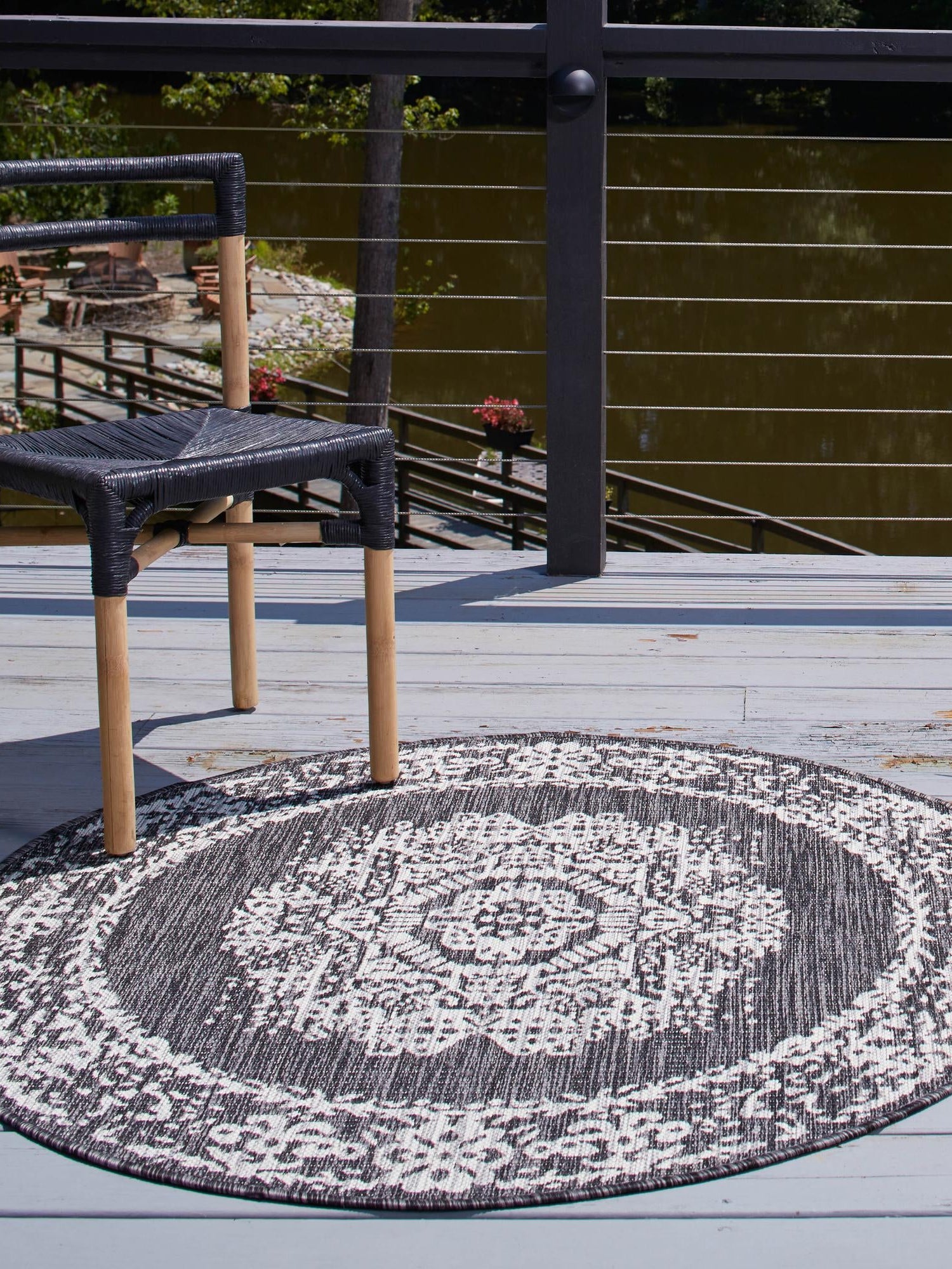 Charcoal Gray 5' 3 x 5' 3 Outdoor Traditional Round Area Rug Weather Resistant for Patio, Deck, Terrace, Balcony, Porch Classical Design Outside Carpet for Sale at Rug Engine
