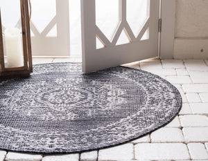 Charcoal Gray 10' x 10' Outdoor Traditional Round Area Rug Weather Resistant for Patio, Deck, Terrace, Balcony, Porch Classical Design Outside Carpet for Sale at Rug Engine