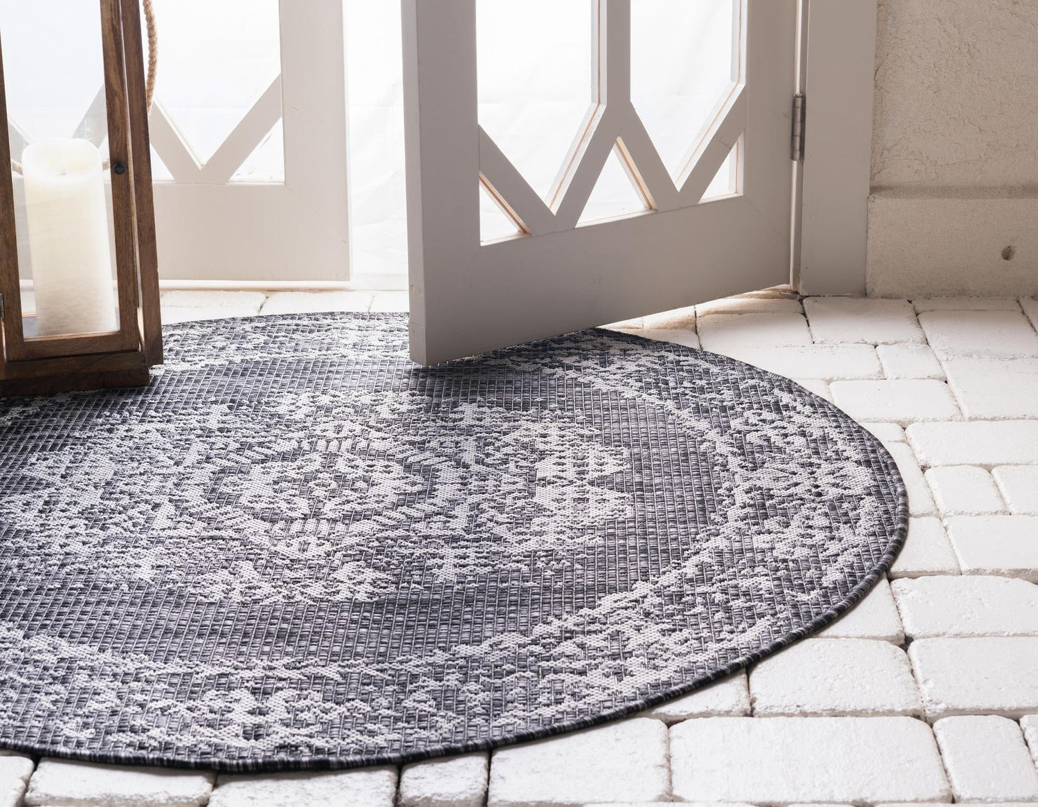 Charcoal Gray 6' 1 x 6' 1 Outdoor Traditional Round Area Rug Weather Resistant for Patio, Deck, Terrace, Balcony, Porch Classical Design Outside Carpet for Sale at Rug Engine